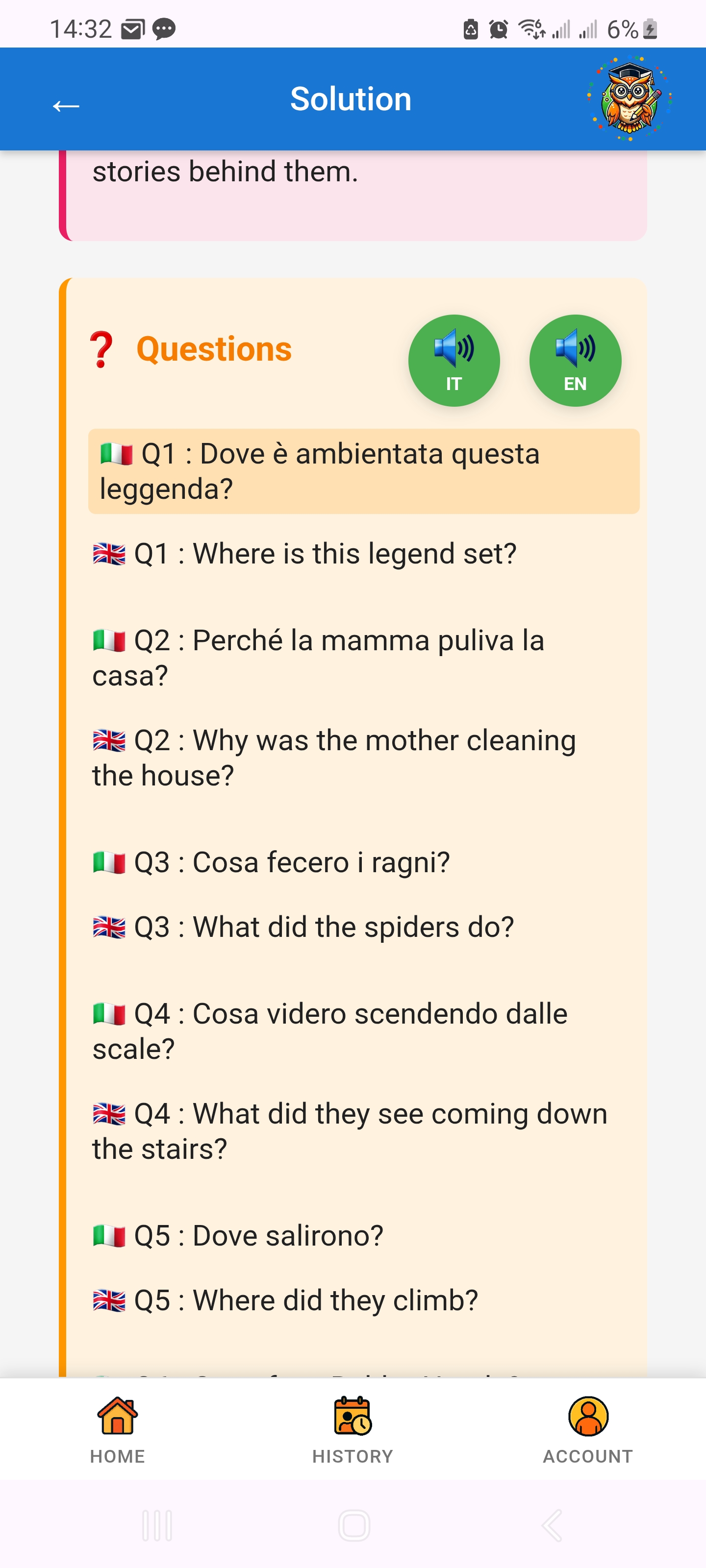 Bilingual answer screen with audio controls